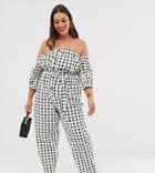 Asos Design Curve Off Shoulder Button Front Jumpsuit With Tie Waist In Triangle Print - Multi
