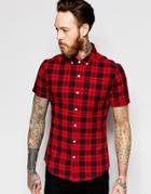 Asos Skinny Shirt With Red Mid Scale Check In Short Sleeves - Red
