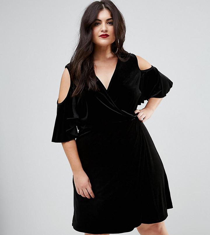 Boohoo Plus Velvet Cold Shoulder Wrap Over Dress - Black