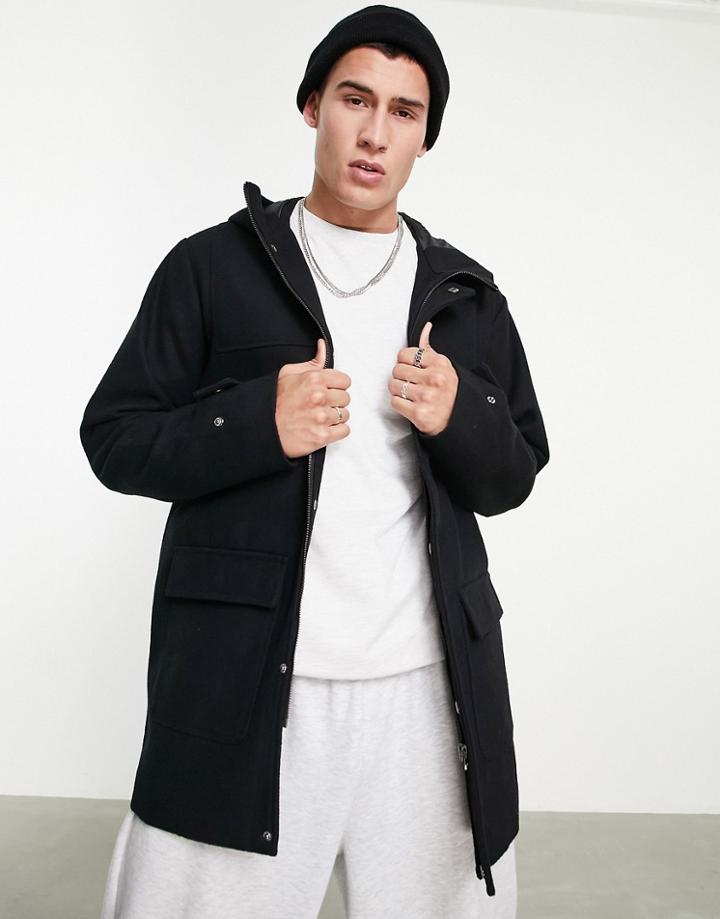 Jack & Jones Originals Hooded Wool Coat With Two Pockets In Black