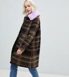 Monki Check Coat With Faux Fur Collar In Brown - Brown