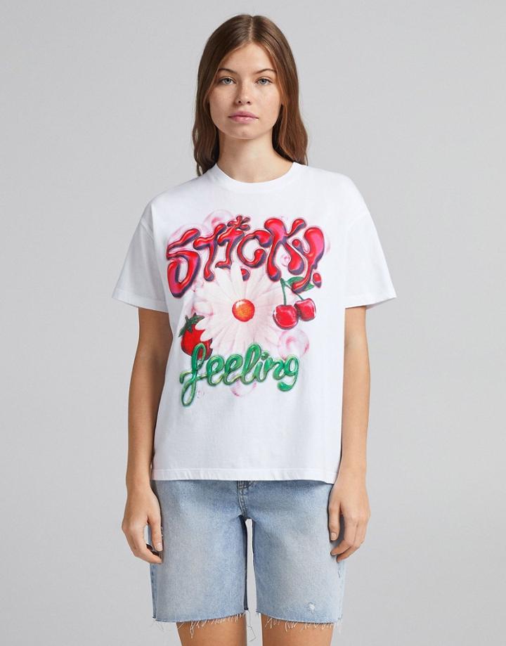 Bershka Graffiti Floral Oversized Tee In White