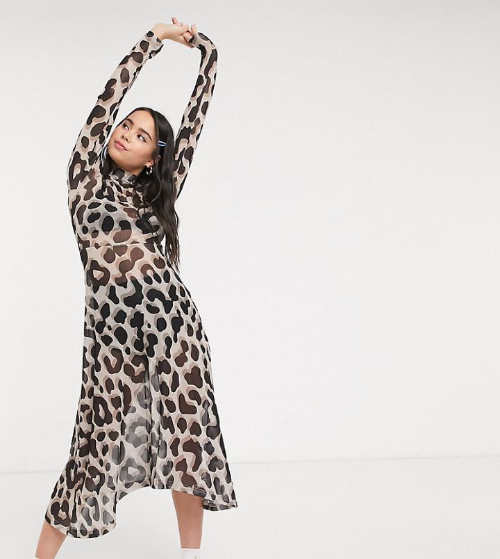 Monki Cecilia High Neck Midi Mesh Dress In Leopard Print-brown