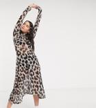 Monki Cecilia High Neck Midi Mesh Dress In Leopard Print-brown