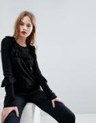 Asos Sweater With Frill And Pointelle Detail - Black