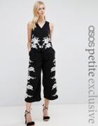 Asos Petite Co-ord Luxe Wide Leg Culotte With Pretty Floral Embroidery - Black