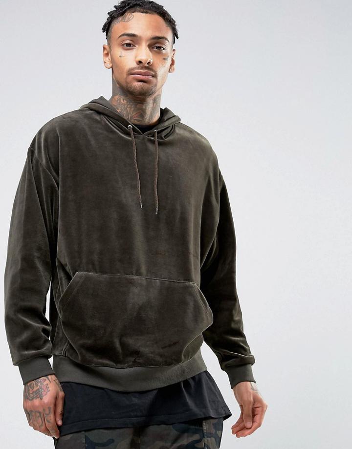 Asos Oversized Velour Hoodie In Khaki - Green