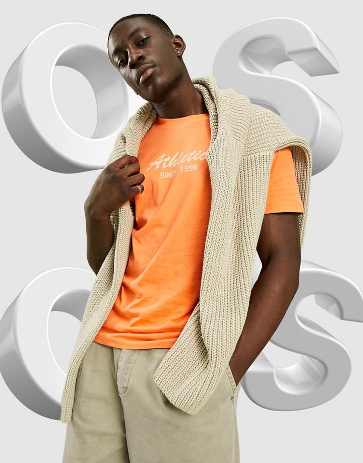 Asos Design T-shirt In Orange With Collegiate Text Print
