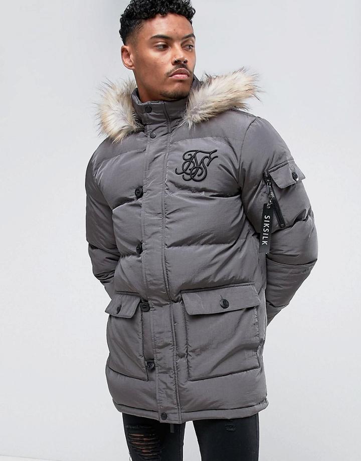 Siksilk Puffer Parka In Gray With Faux Fur Hood - Gray