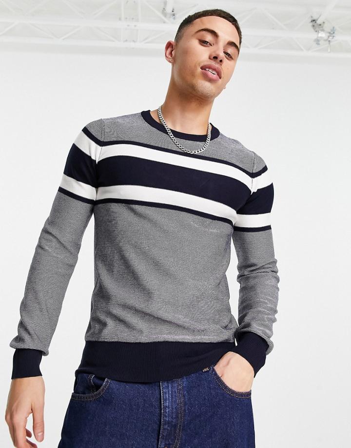 Gianni Feraud Chest Stripe Muscle Fit Sweater-navy