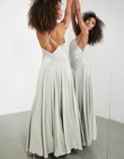 Asos Edition Satin Plunge Maxi Dress With Cross Back In Sage Green