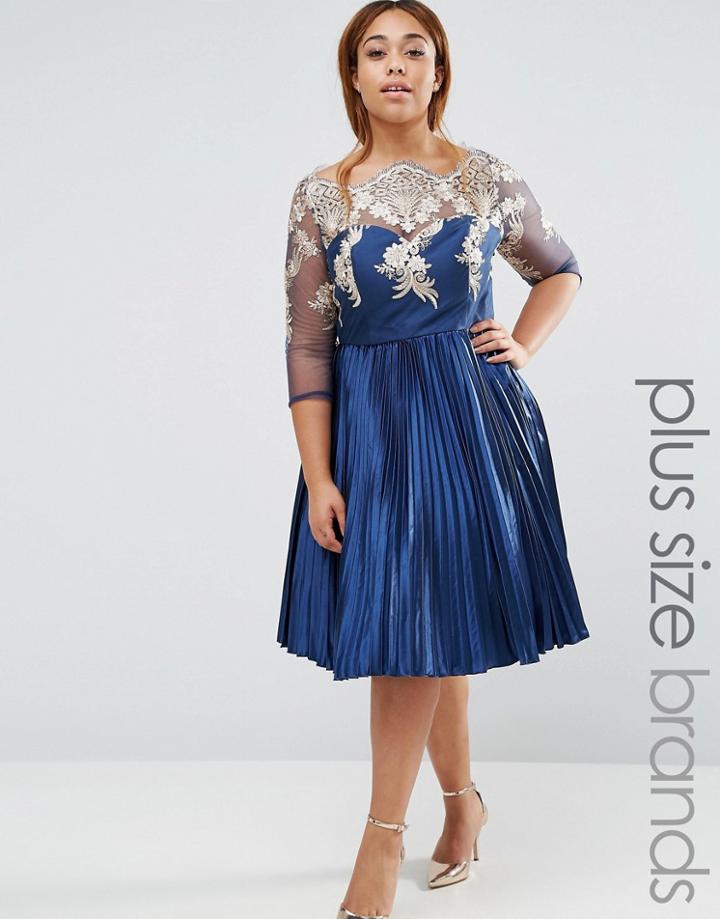 Chi Chi London Plus Pleated Midi Dress With Lace Bodice - Navy