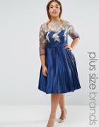 Chi Chi London Plus Pleated Midi Dress With Lace Bodice - Navy