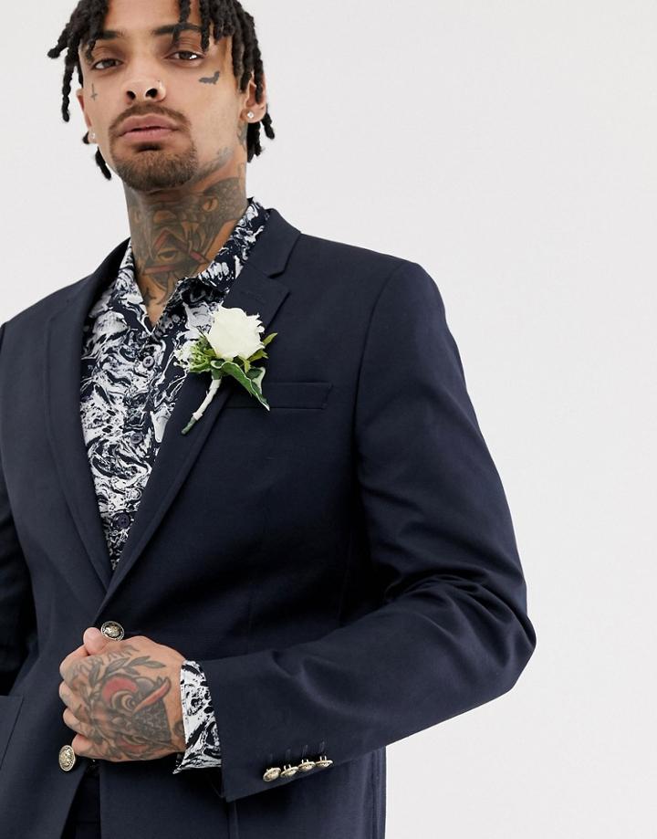 Asos Design Wedding Skinny Blazer In Navy With Gold Buttons