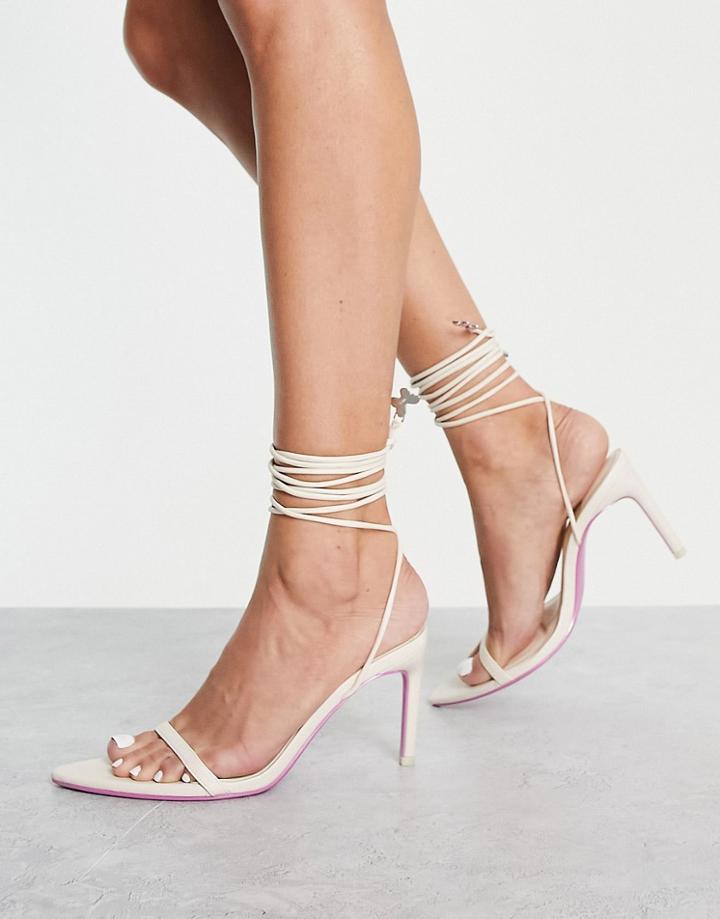 Bershka Strappy Butterfly Detail Tie Up Heel In Ecru-white
