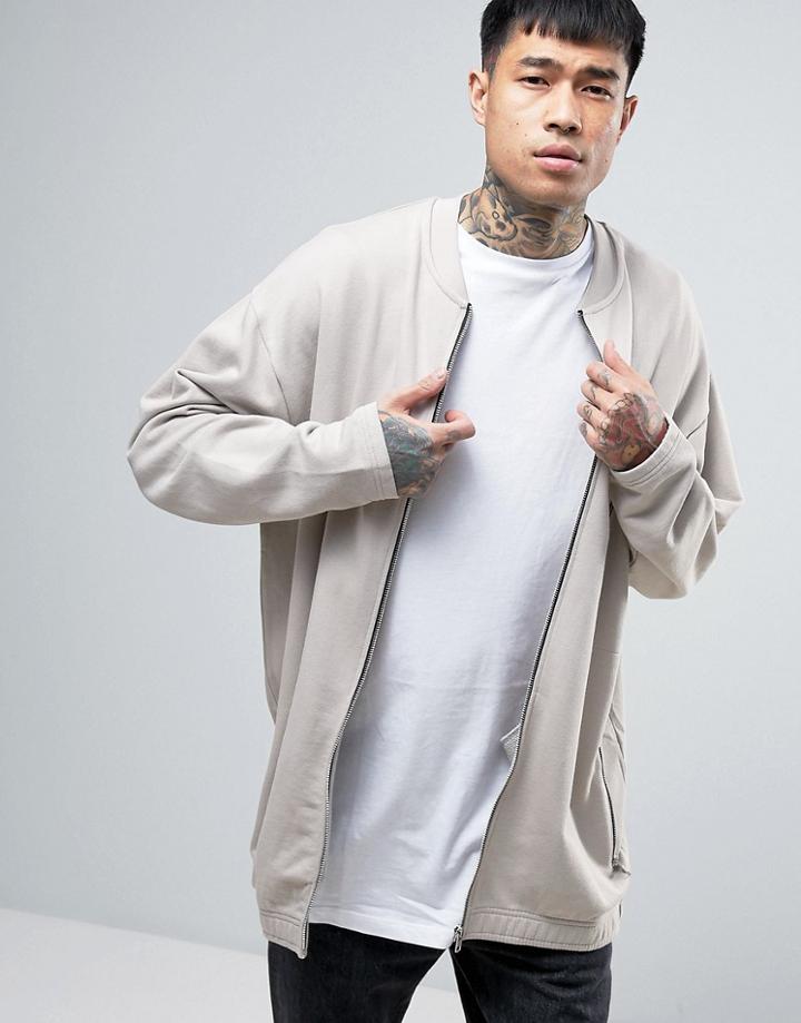 Asos Oversized Longline Jersey Bomber Jacket With Zip Pockets - Beige