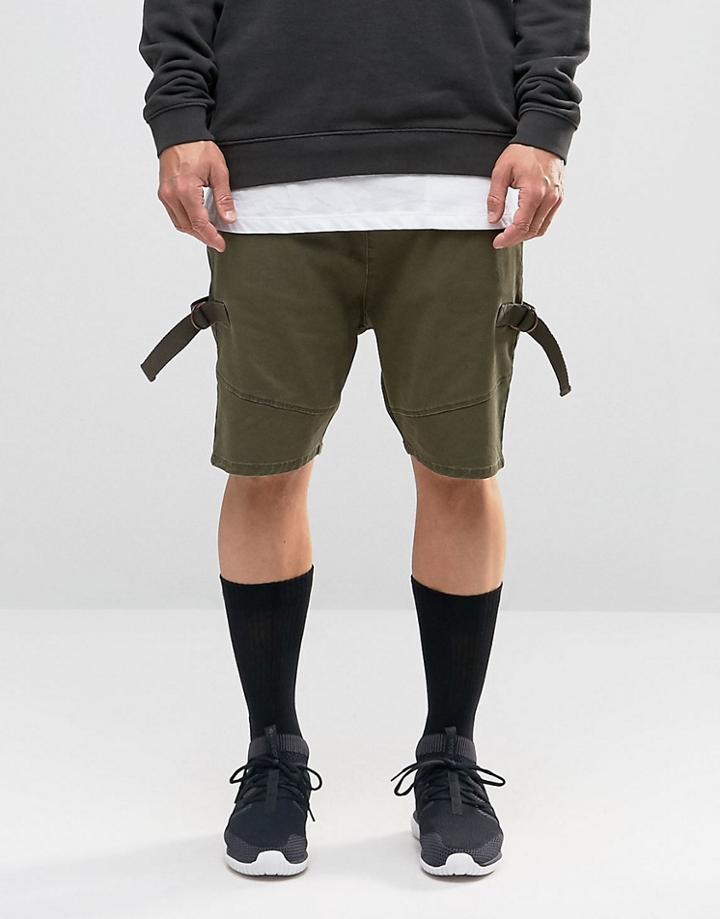 Asos Drop Crotch Shorts With D Rings In Khaki - Green