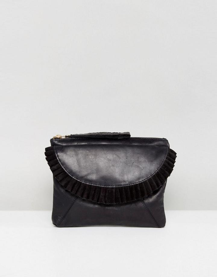 Oasis Ruffle Front Leather Clutch - Black