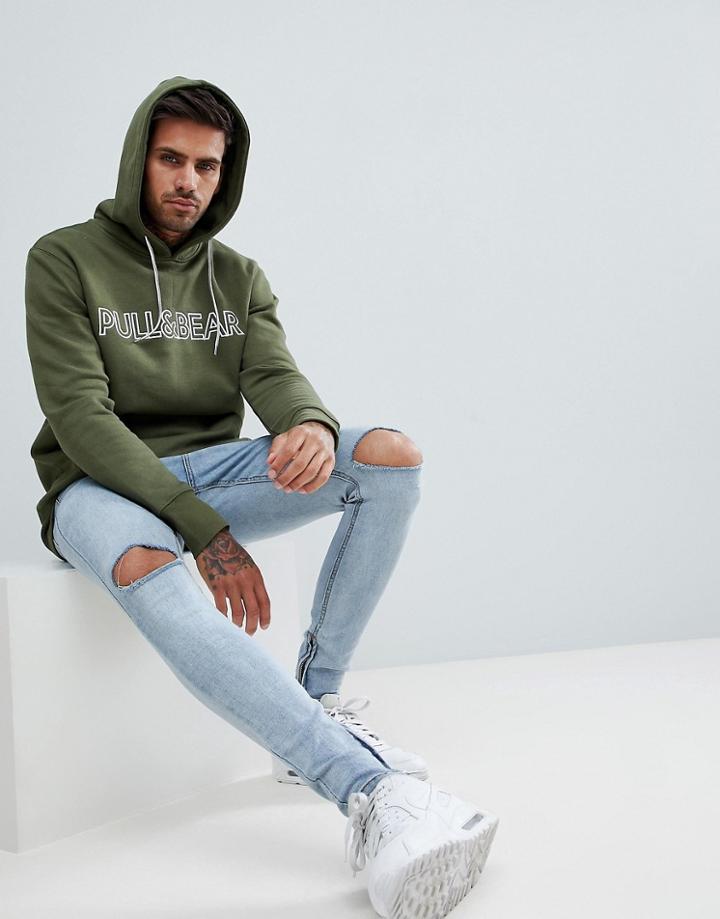 Pull & Bear Hoodie In Khaki With Logo - Green