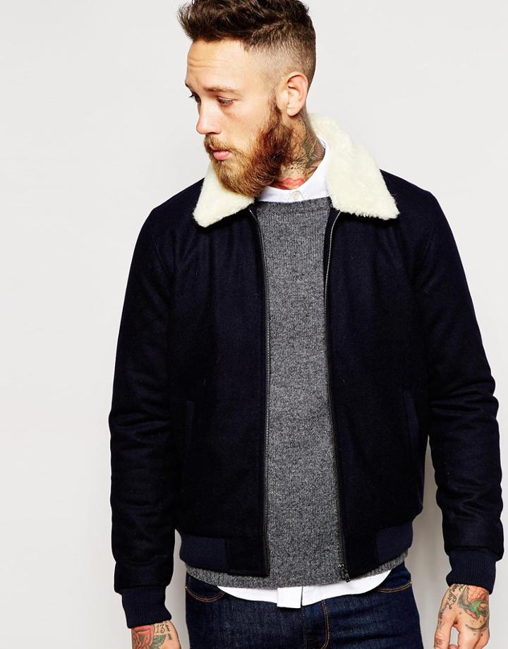Asos Wool Harrington Jacket With Faux Shearling Collar In Navy - Navy