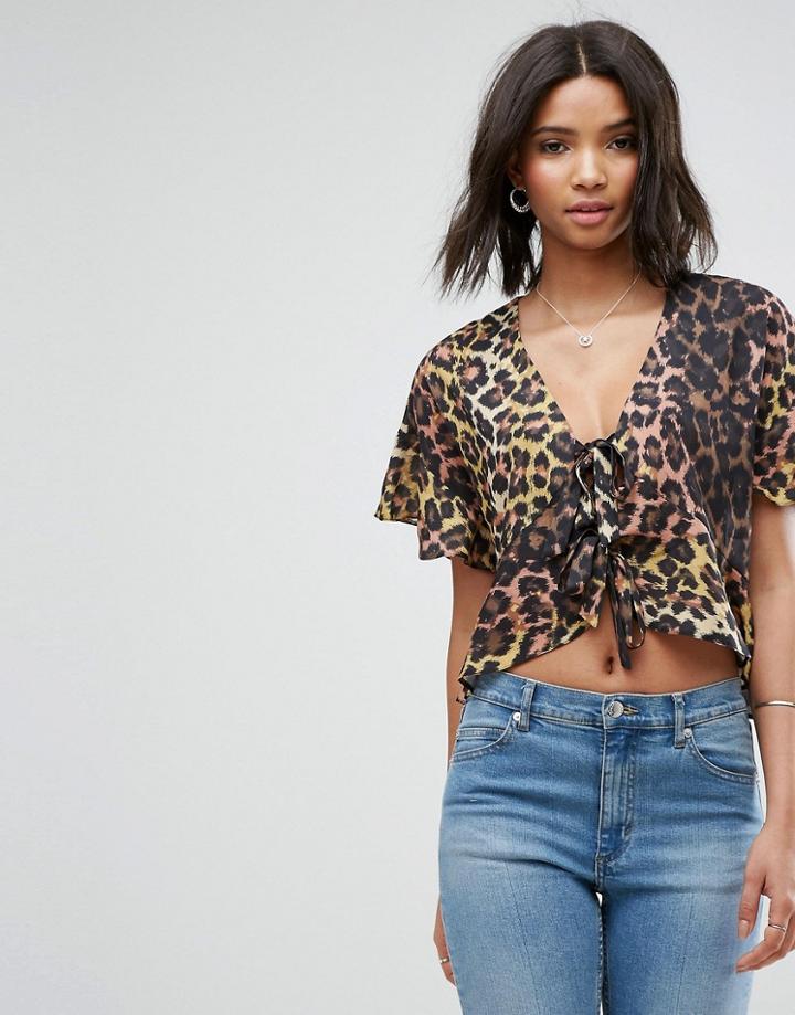 Asos Tie Front Blouse With Frill Sleeve In Animal - Multi