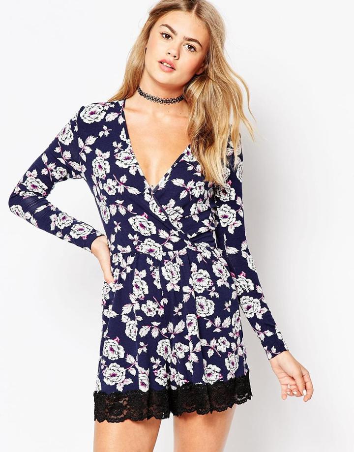 Asos Wrap Romper With Lace Hem In New Floral Print - Multi