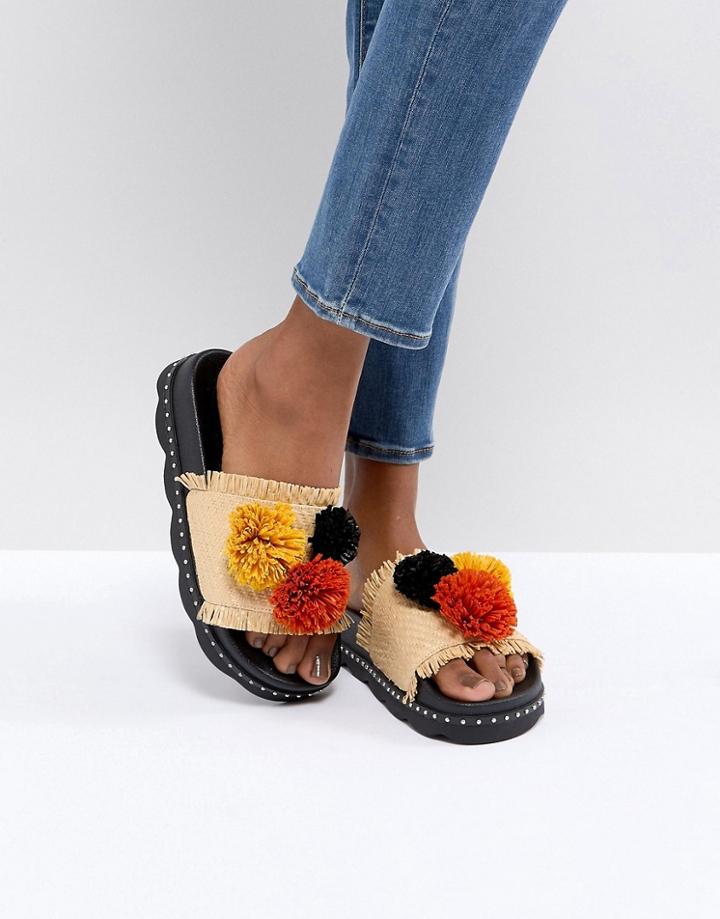 Sixtyseven Belle Natural Raffia Pom Slide Sandals - Beige
