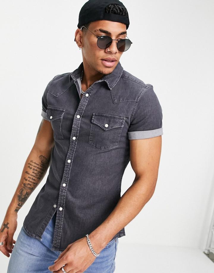 Asos Design Skinny Fit Western Denim Shirt In Washed Black-grey