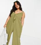 Asos Design Curve Tie Front Sleeveless Jumpsuit In Khaki-green