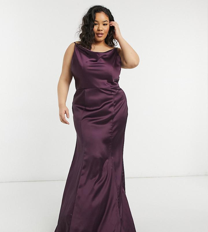 Chi Chi London Plus Cowl Neck Satin Midaxi Dress In Plum-purple