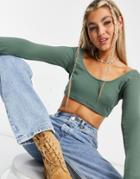 Asos Design Super Crop Top With Scoop Front And Back In Khaki-green