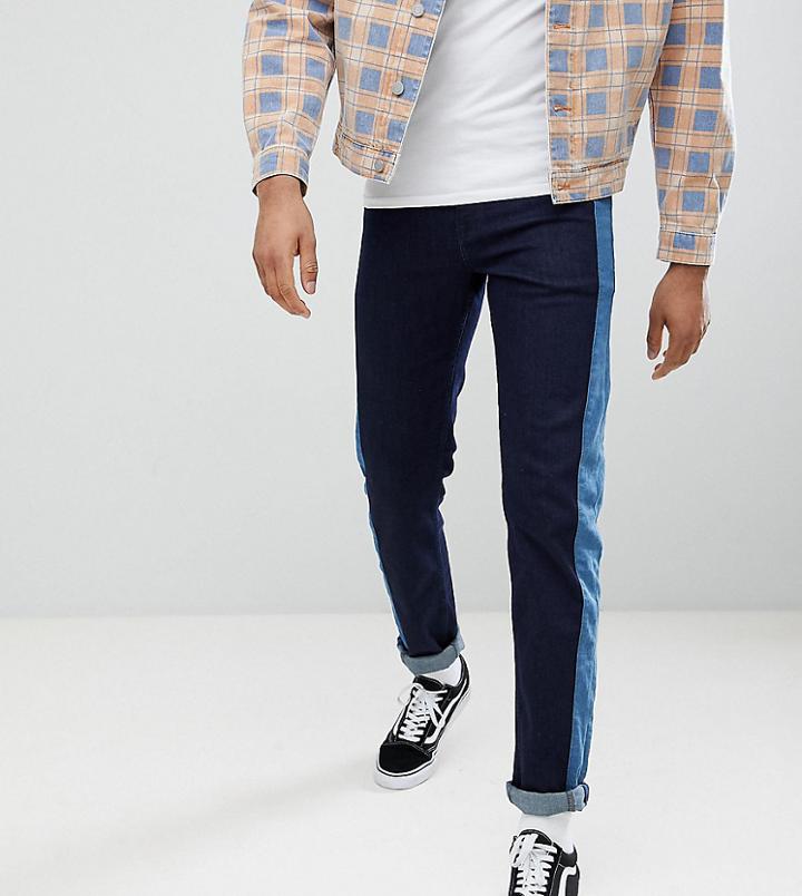 Asos Design Tall Slim Jeans In Indigo With Side Stripe Insert - Blue