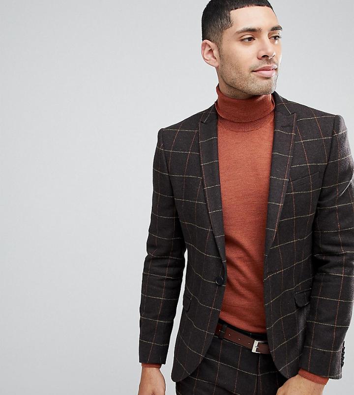Heart & Dagger Suit Jacket In Grid Check - Brown