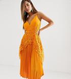 Asos Design Pleated Midi Dress With Lace Trim And Hanky Hem - Orange