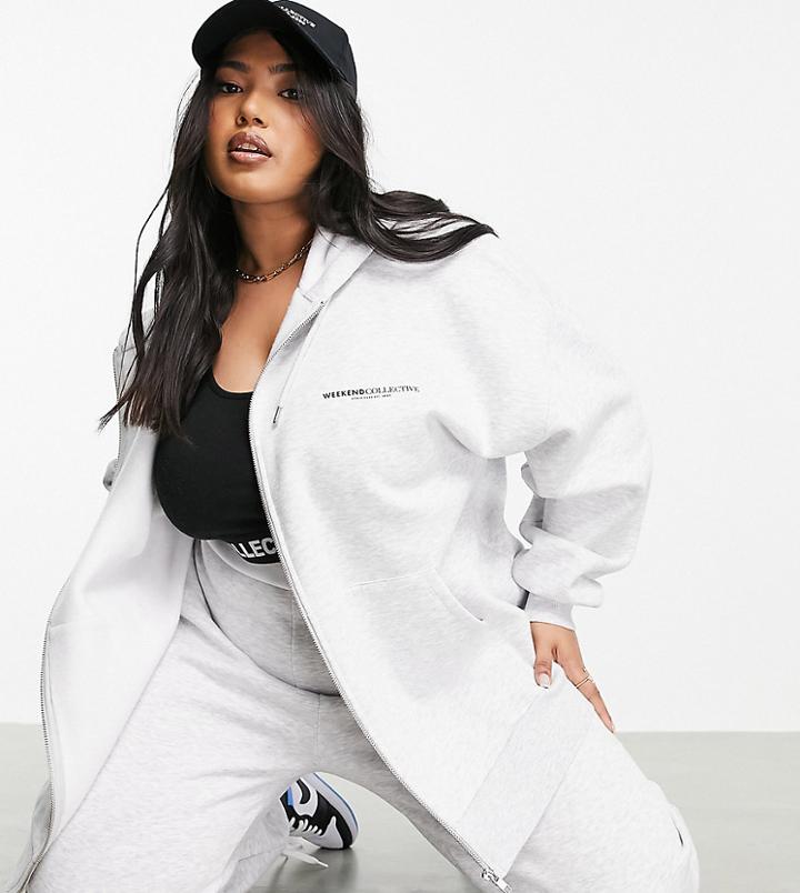 Asos Weekend Collective Curve Oversized Zip Through Hoodie With Logo In Ice Heather - Part Of A Set-grey
