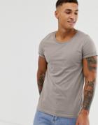 Asos Design T-shirt With Scoop Neck With Roll Sleeve In Beige - Beige