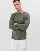 Asos Design Relaxed T-shirt With 3/4 Sleeve And Boat Neck In Linen Mix-green
