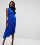 Asos Design Maternity Midi Plisse Dress With One Shoulder And Wrap Back-blue