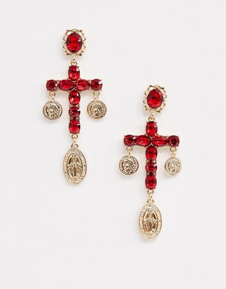 Reclaimed Vintage Inspired Ruby Cross Coin Earrings - Gold