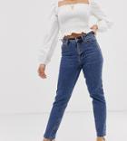 Only Petite High Waisted Straight Leg Jeans With Raw Hem - Navy