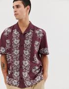 Asos Design Regular Fit Shirt With Cross Stich Floral Embroidery In Burgundy - Red