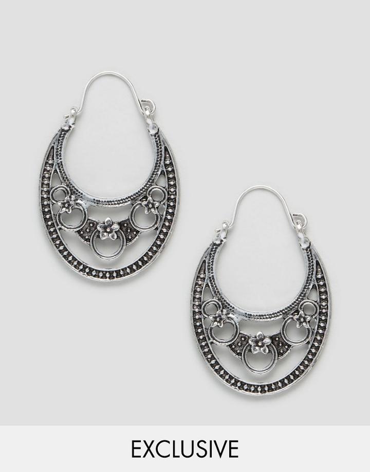 Reclaimed Vintage Flower Detail Hoops - Silver