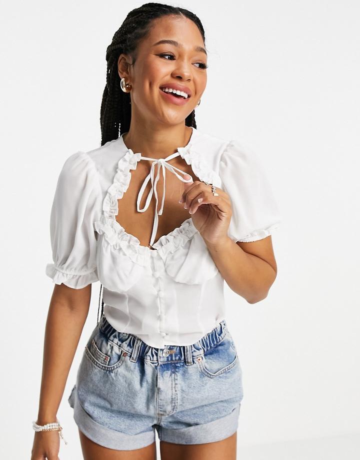 Asos Design Short Sleeved Ruched Front Top With Cut Out Neck In Ivory-white