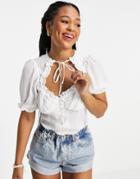 Asos Design Short Sleeved Ruched Front Top With Cut Out Neck In Ivory-white