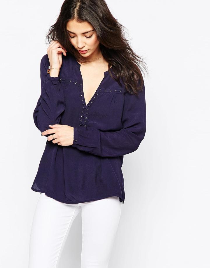 See U Soon Blouse With Lace Up Detail - Navy