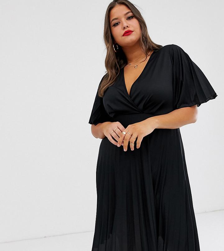 Asos Curve Kimono Pleated Midi Dress-black