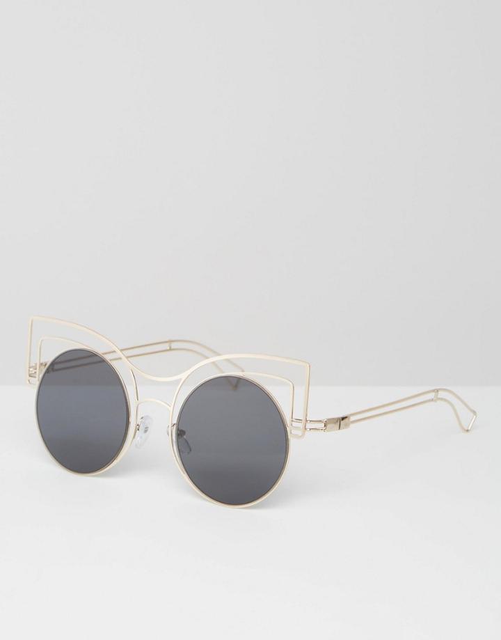 Asos Round Kitten Sunglasses In Skeleton Wire Frame - Gold
