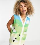Native Youth Oversized Sweater Vest In Sheep Landscape Knit-multi
