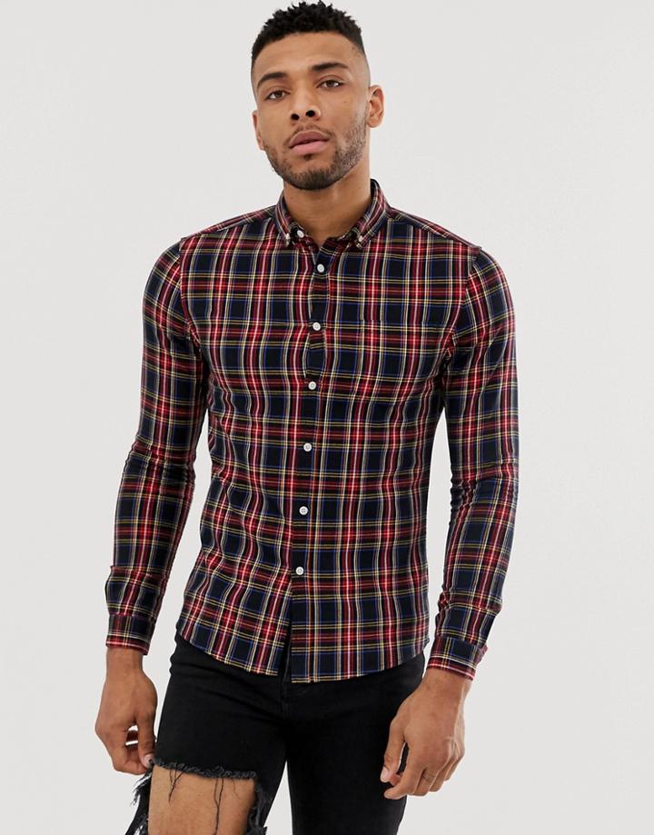 Asos Design Skinny Fit Check Shirt In Black Plaid - Black