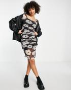Topshop 70s Floral Print Mesh Ruched Midi Dress In Black And White-multi